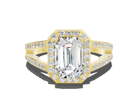 Yellow gold Emerald Cut Moissanite Halo Ring with Split Shank U-Prong Band and Four-Prong Setting