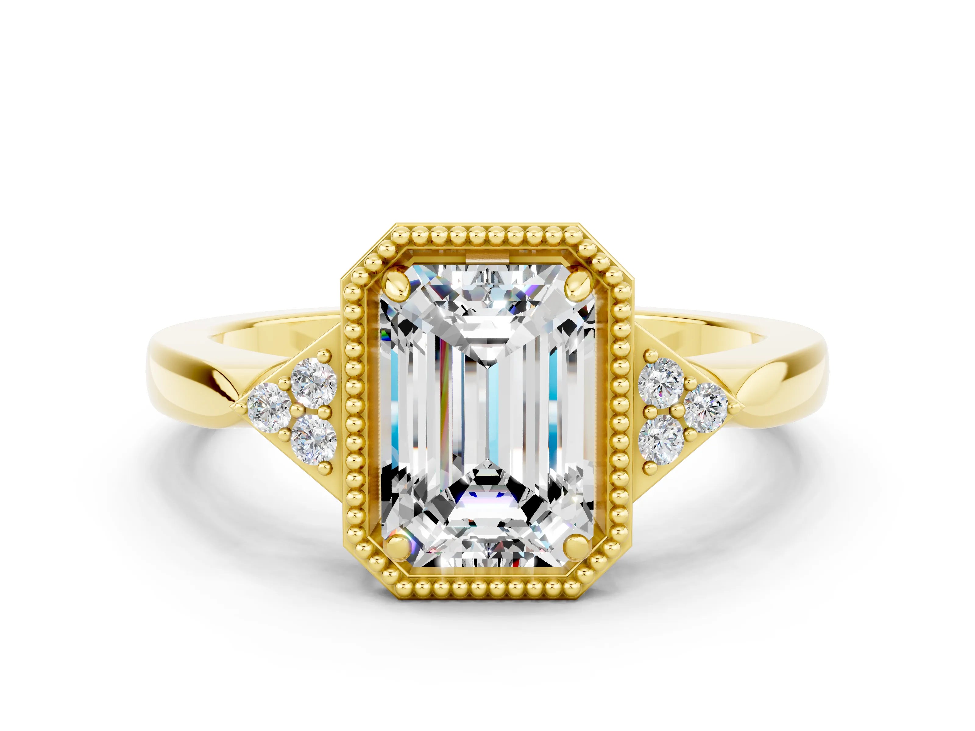 Yellow gold Emerald Cut Moissanite Halo Ring with Tapered Band and Four-Prong Setting