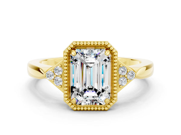 Yellow gold Emerald Cut Moissanite Halo Ring with Tapered Band and Four-Prong Setting