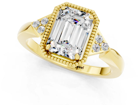Yellow gold Emerald Cut Moissanite Halo Ring with Tapered Band and Four-Prong Setting_1