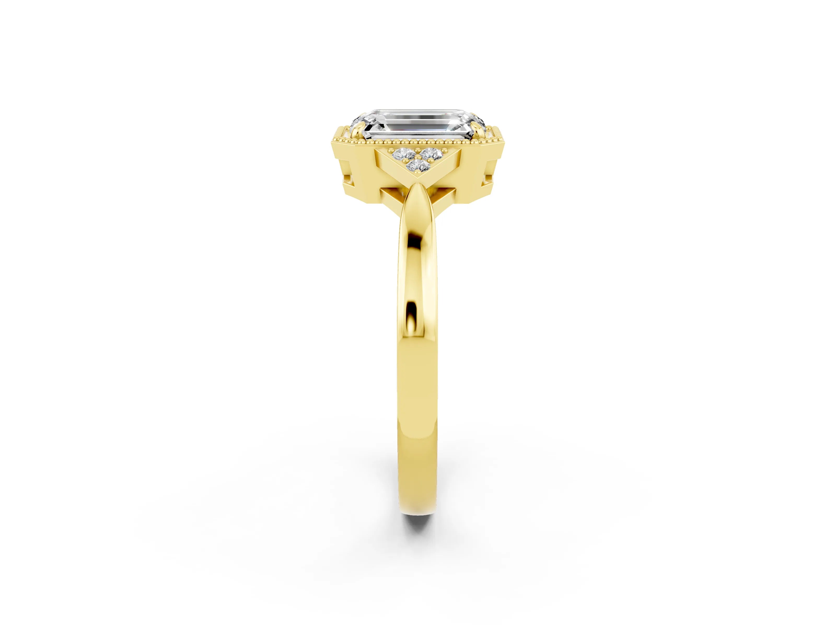 Yellow gold Emerald Cut Moissanite Halo Ring with Tapered Band and Four-Prong Setting_2