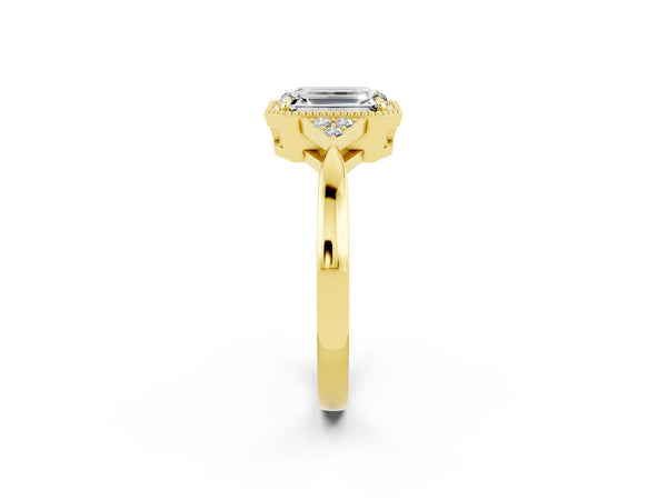 Yellow gold Emerald Cut Moissanite Halo Ring with Tapered Band and Four-Prong Setting