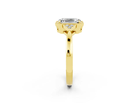 Yellow gold Emerald Cut Moissanite Halo Ring with Tapered Band and Four-Prong Setting_2