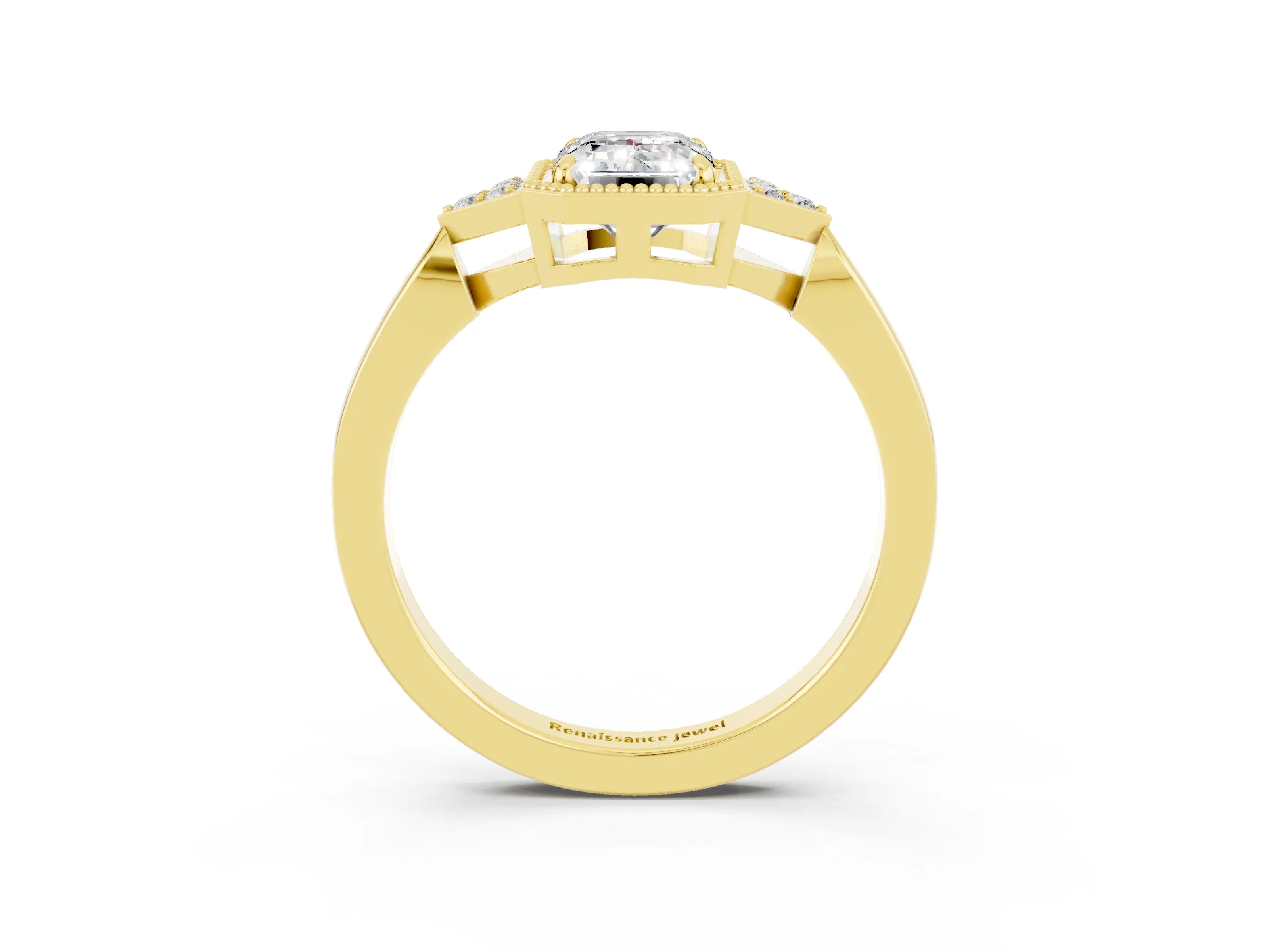 Yellow gold Emerald Cut Moissanite Halo Ring with Tapered Band and Four-Prong Setting_3