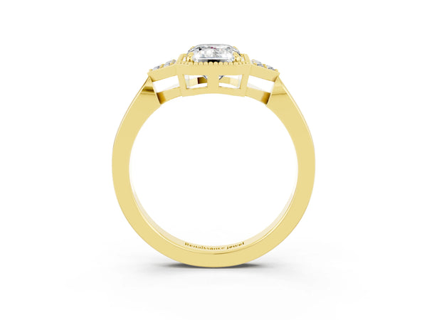Yellow gold Emerald Cut Moissanite Halo Ring with Tapered Band and Four-Prong Setting