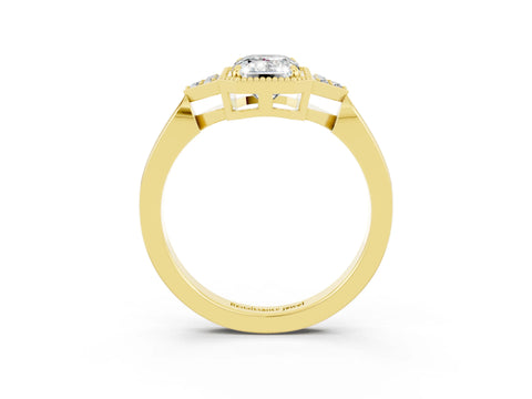 Yellow gold Emerald Cut Moissanite Halo Ring with Tapered Band and Four-Prong Setting_3
