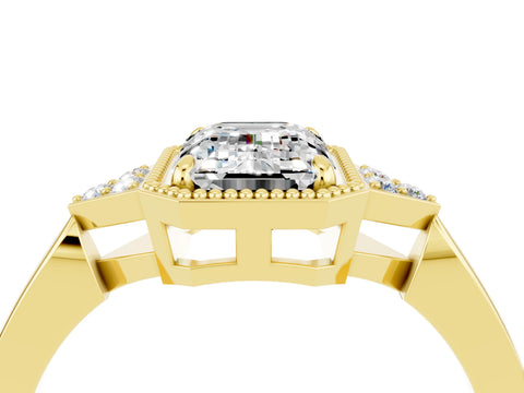 Yellow gold Emerald Cut Moissanite Halo Ring with Tapered Band and Four-Prong Setting_4