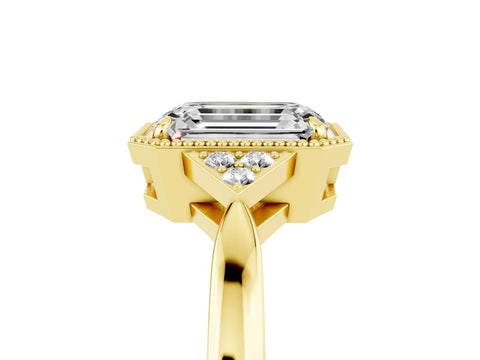 Yellow gold Emerald Cut Moissanite Halo Ring with Tapered Band and Four-Prong Setting_5