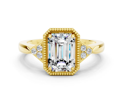 Yellow gold Emerald Cut Moissanite Halo Ring with Tapered Band and Four-Prong Setting