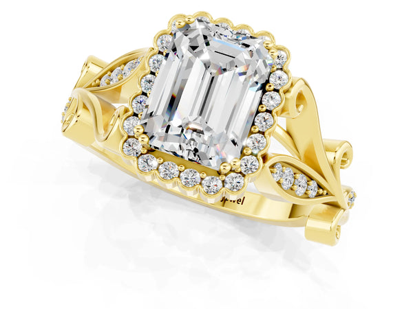 Yellow gold Emerald Cut Moissanite Halo Ring with Vintage Split Shank and Four-Prong Setting