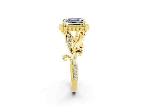 Yellow gold Emerald Cut Moissanite Halo Ring with Vintage Split Shank and Four-Prong Setting