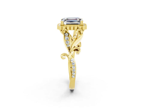 Yellow gold Emerald Cut Moissanite Halo Ring with Vintage Split Shank and Four-Prong Setting_2