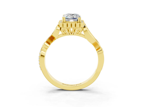 Yellow gold Emerald Cut Moissanite Halo Ring with Vintage Split Shank and Four-Prong Setting