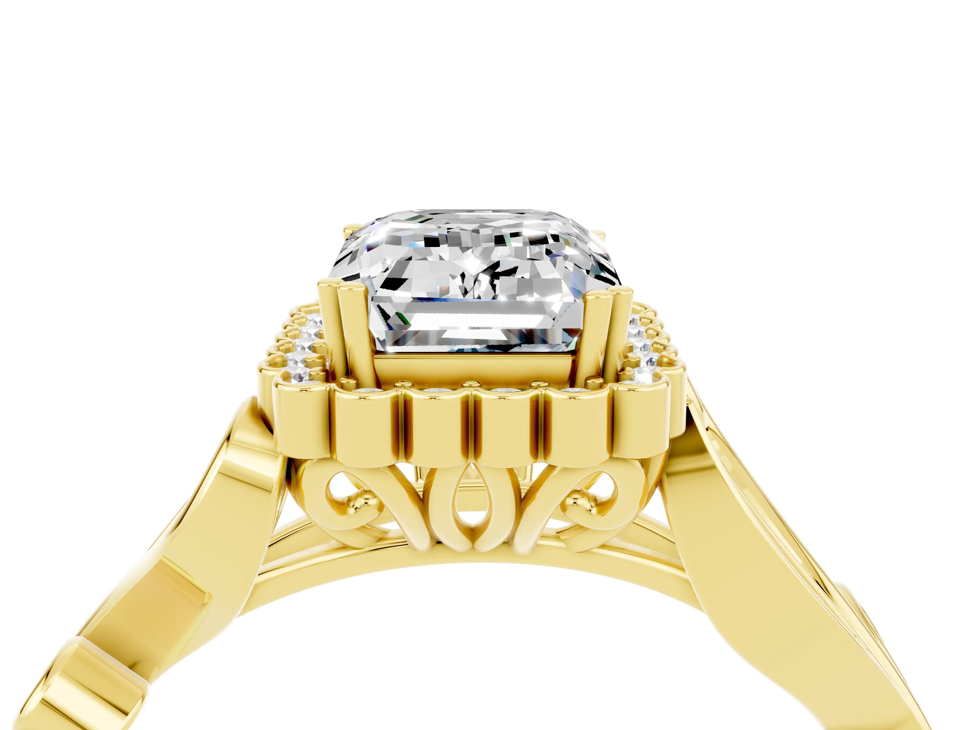 Yellow gold Emerald Cut Moissanite Halo Ring with Vintage Split Shank and Four-Prong Setting_4