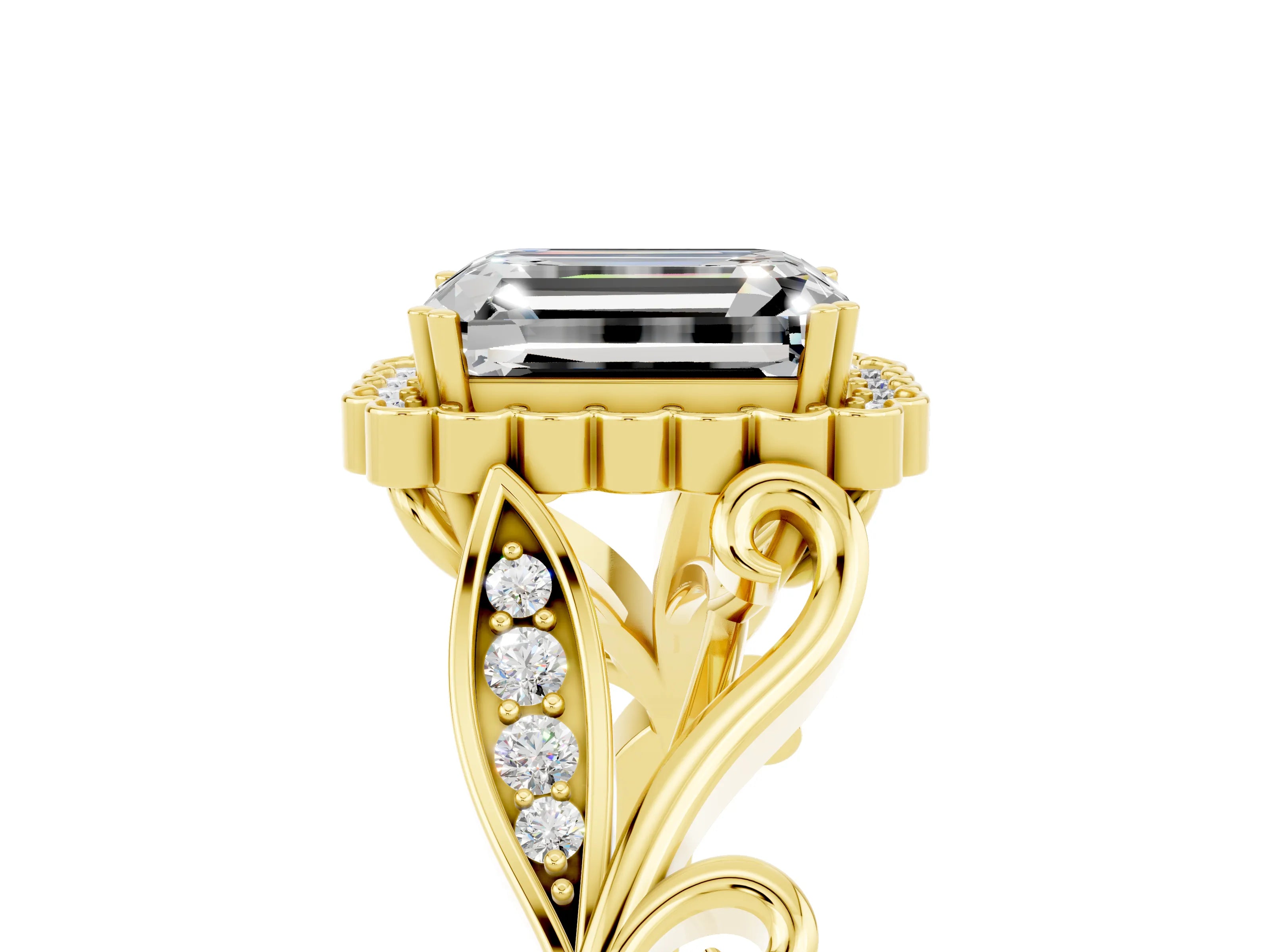 Yellow gold Emerald Cut Moissanite Halo Ring with Vintage Split Shank and Four-Prong Setting_5