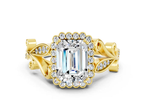 Yellow gold Emerald Cut Moissanite Halo Ring with Vintage Split Shank and Four-Prong Setting
