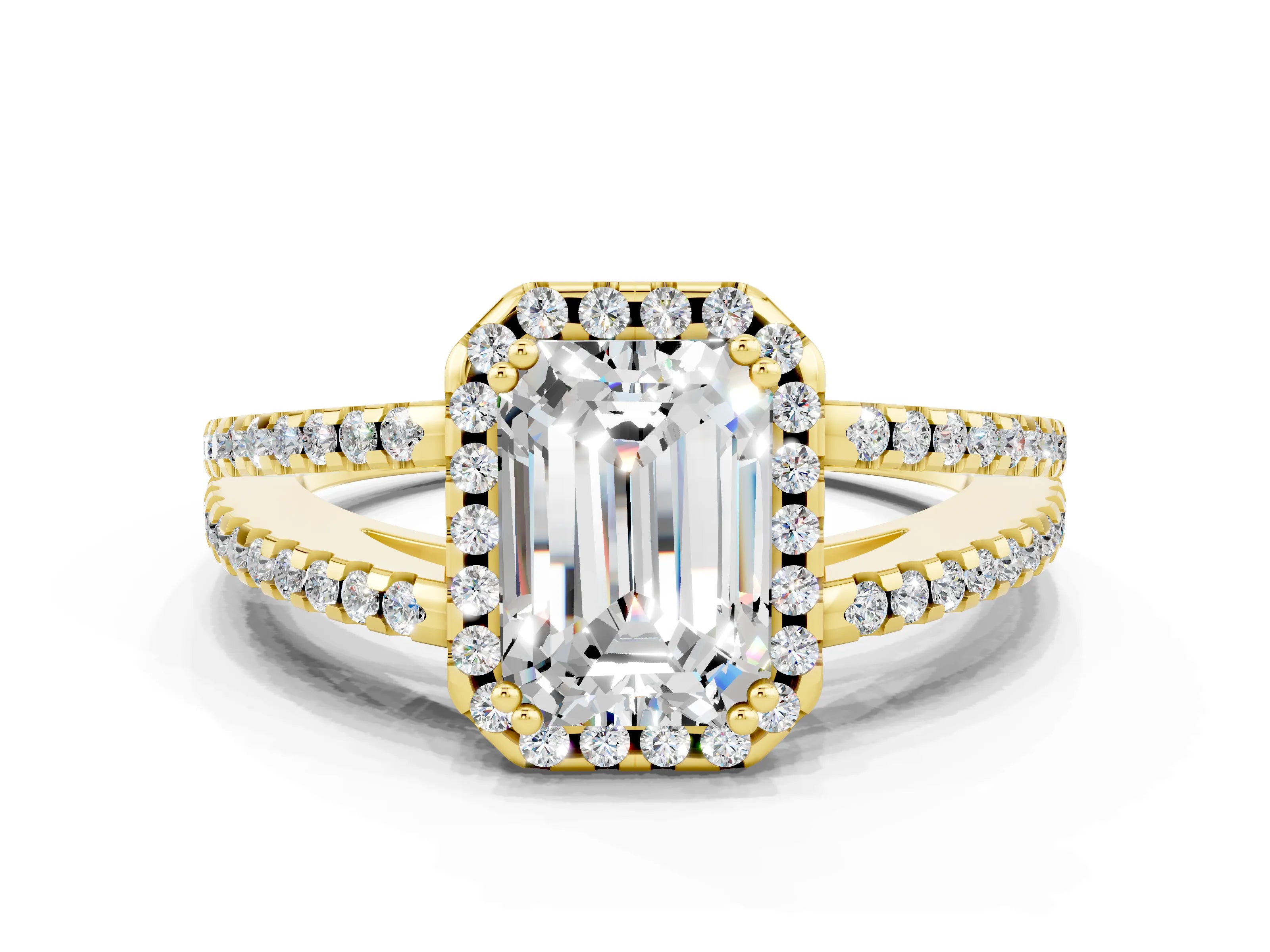 Yellow gold Emerald Cut Moissanite Halo Split Shank Engagement Ring_12