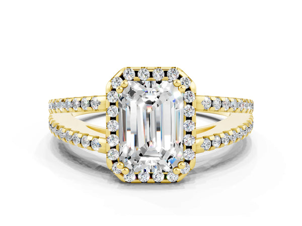 Yellow gold Emerald Cut Moissanite Halo Split Shank Engagement Ring