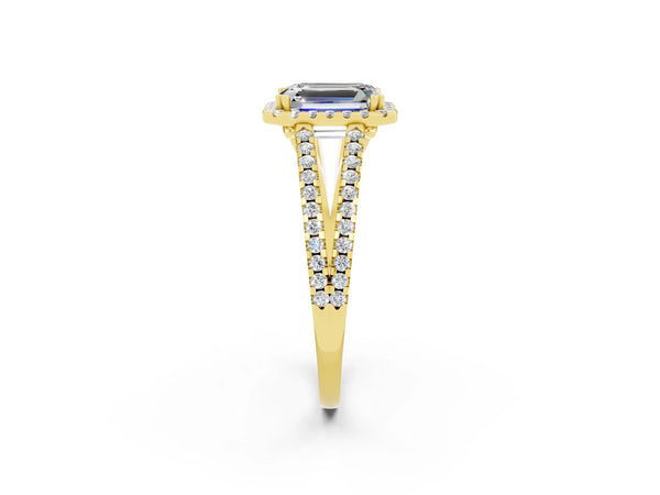 Yellow gold Emerald Cut Moissanite Halo Split Shank Engagement Ring