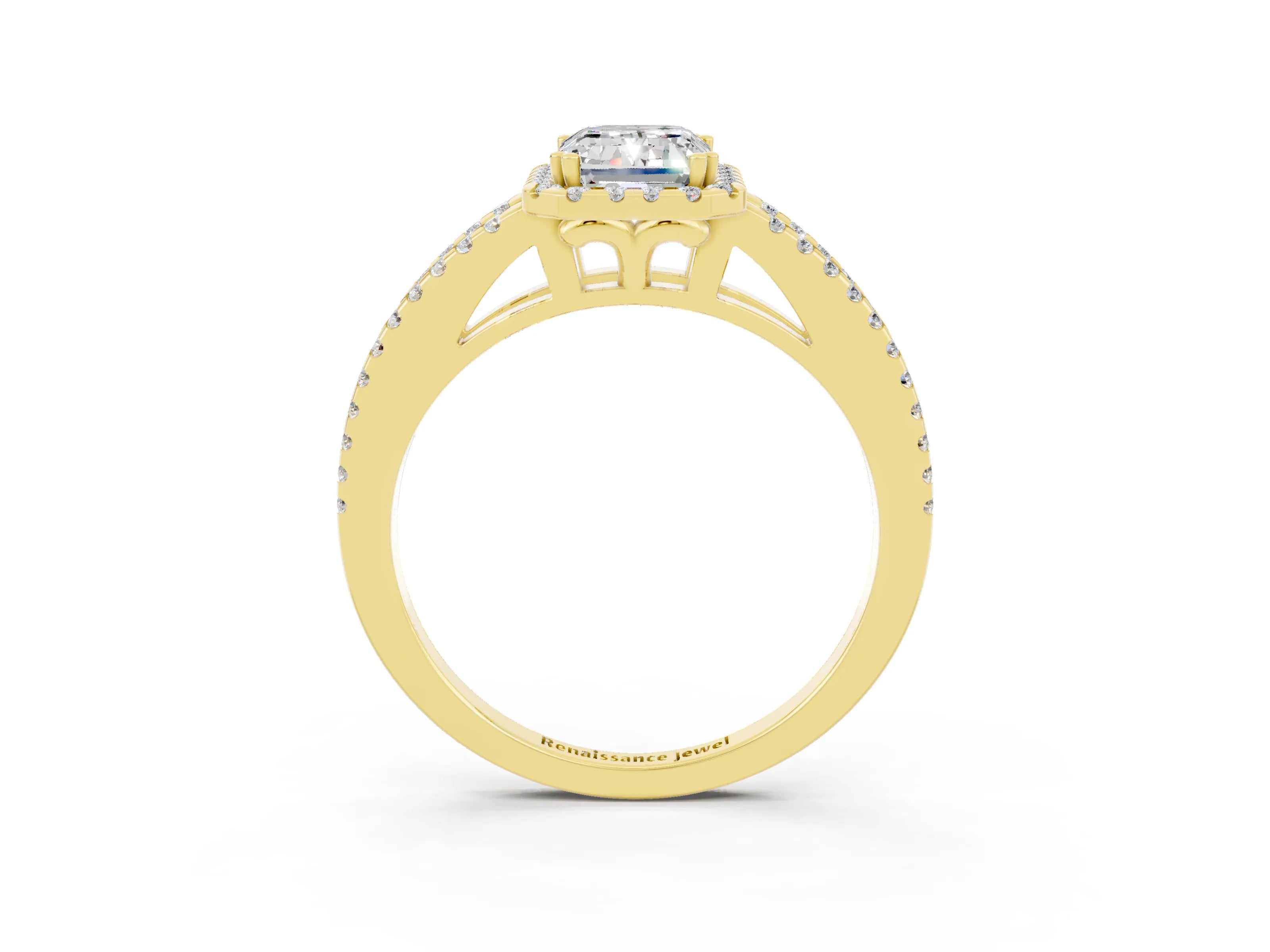Yellow gold Emerald Cut Moissanite Halo Split Shank Engagement Ring_15