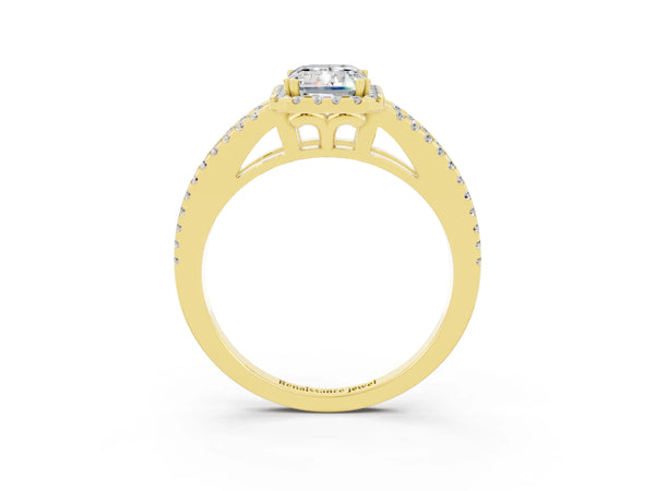 Yellow gold Emerald Cut Moissanite Halo Split Shank Engagement Ring