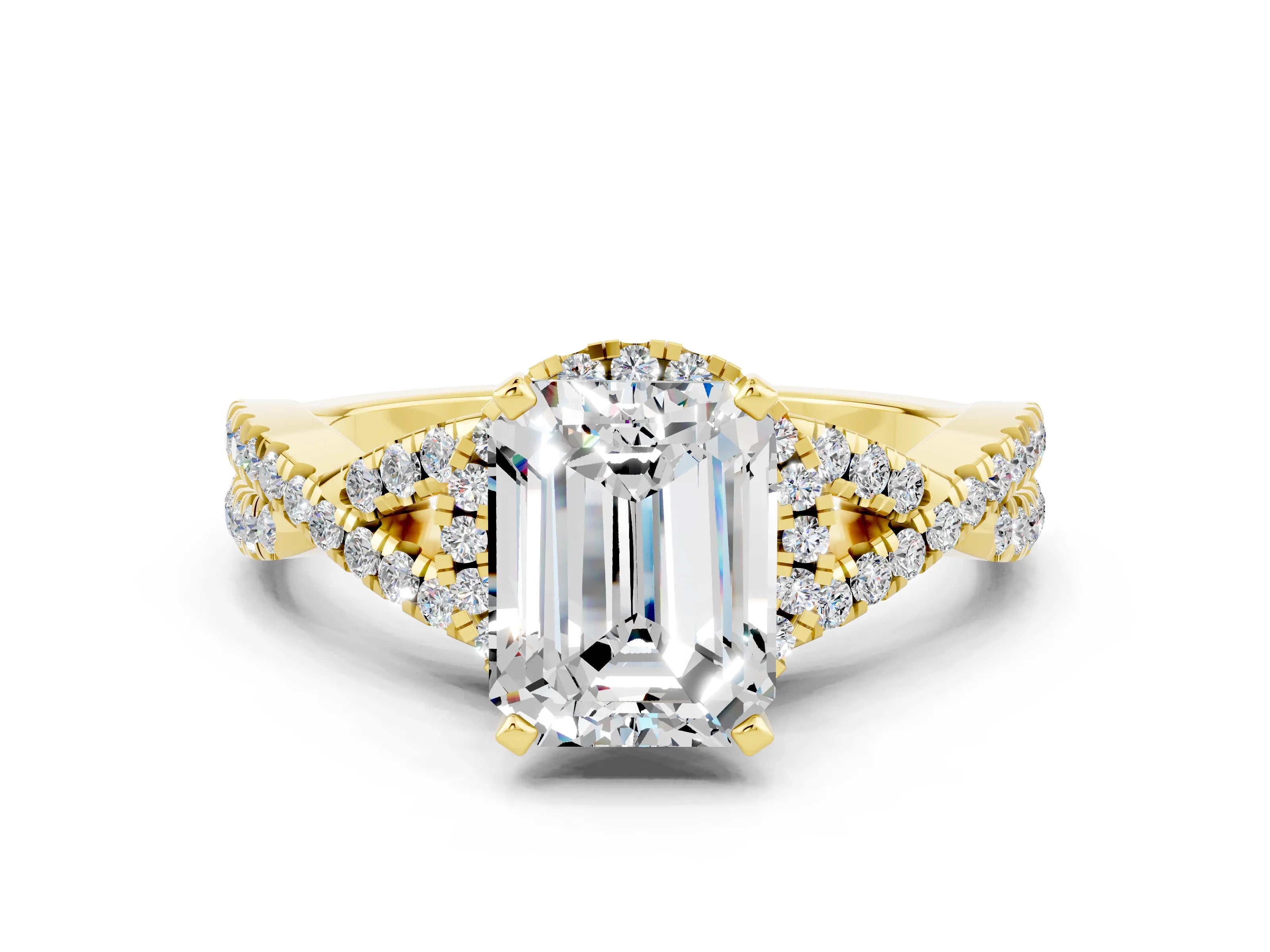Yellow gold Emerald Cut Moissanite Halo Twist Band Solitaire Prong Setting Ring