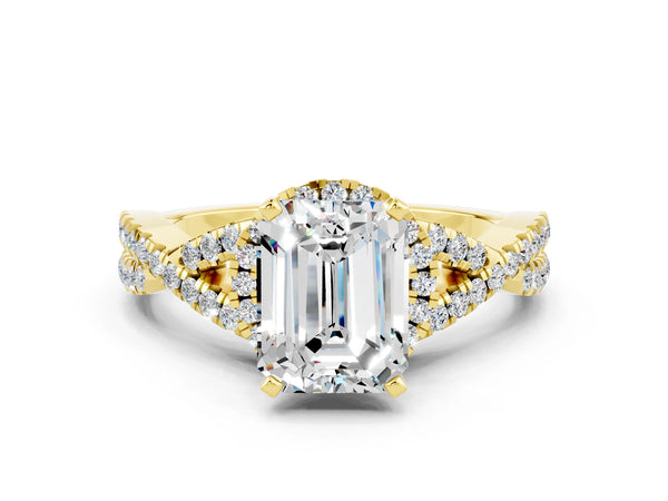 Yellow gold Emerald Cut Moissanite  Halo Twist Band Solitaire Prong Setting Ring