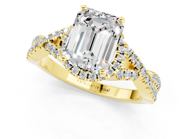 Yellow gold Emerald Cut Moissanite  Halo Twist Band Solitaire Prong Setting Ring
