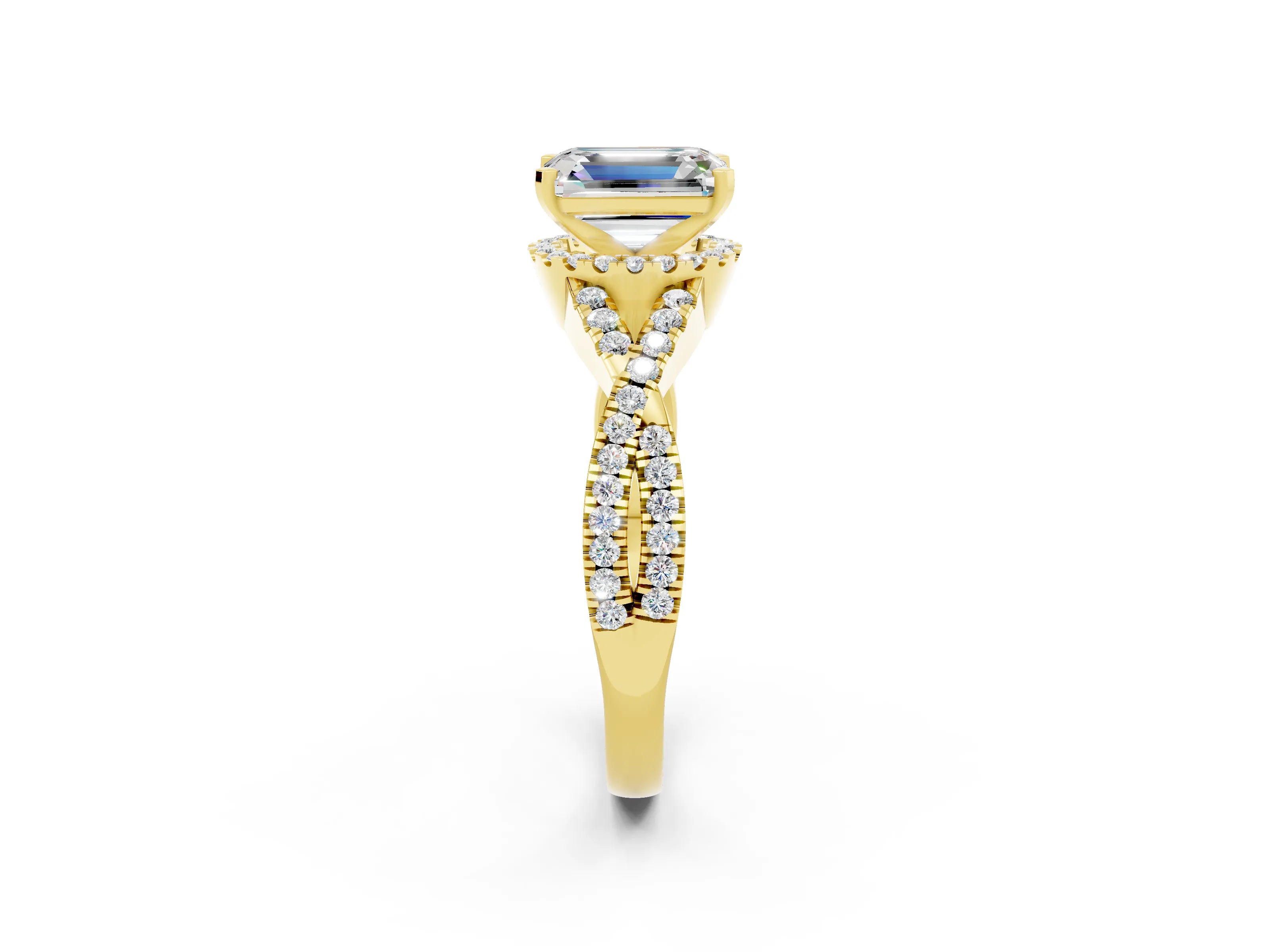 Yellow gold Emerald Cut Moissanite Halo Twist Band Solitaire Prong Setting Ring_2
