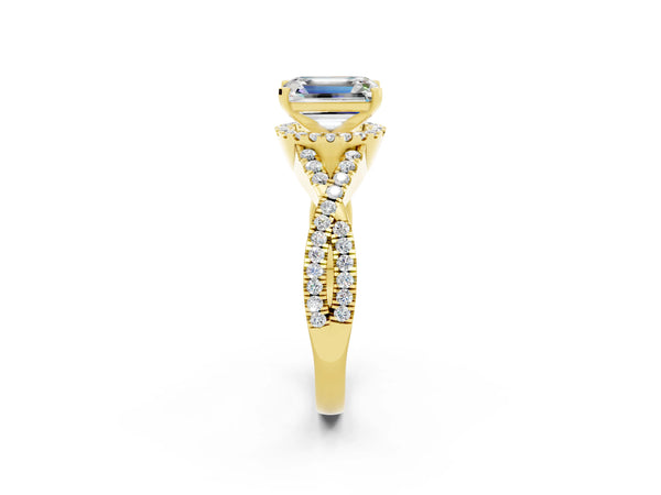 Yellow gold Emerald Cut Moissanite  Halo Twist Band Solitaire Prong Setting Ring