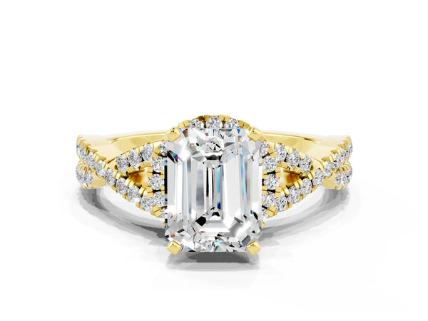 Yellow gold Emerald Cut Moissanite  Halo Twist Band Solitaire Prong Setting Ring
