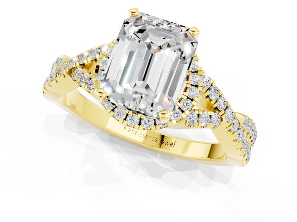 Yellow gold Emerald Cut Moissanite  Halo Twist Band Solitaire Prong Setting Ring