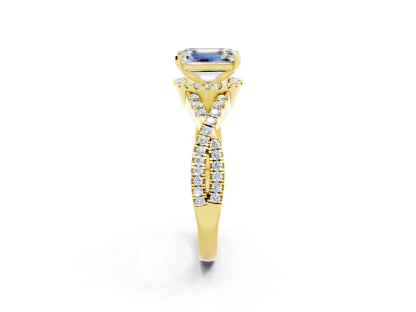 Yellow gold Emerald Cut Moissanite  Halo Twist Band Solitaire Prong Setting Ring