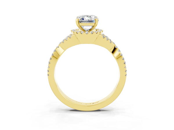 Yellow gold Emerald Cut Moissanite  Halo Twist Band Solitaire Prong Setting Ring