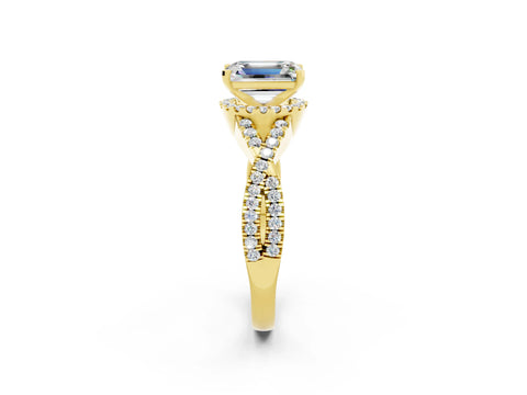 Yellow gold Emerald Cut Moissanite Halo Twist Band Solitaire Prong Setting Ring_2