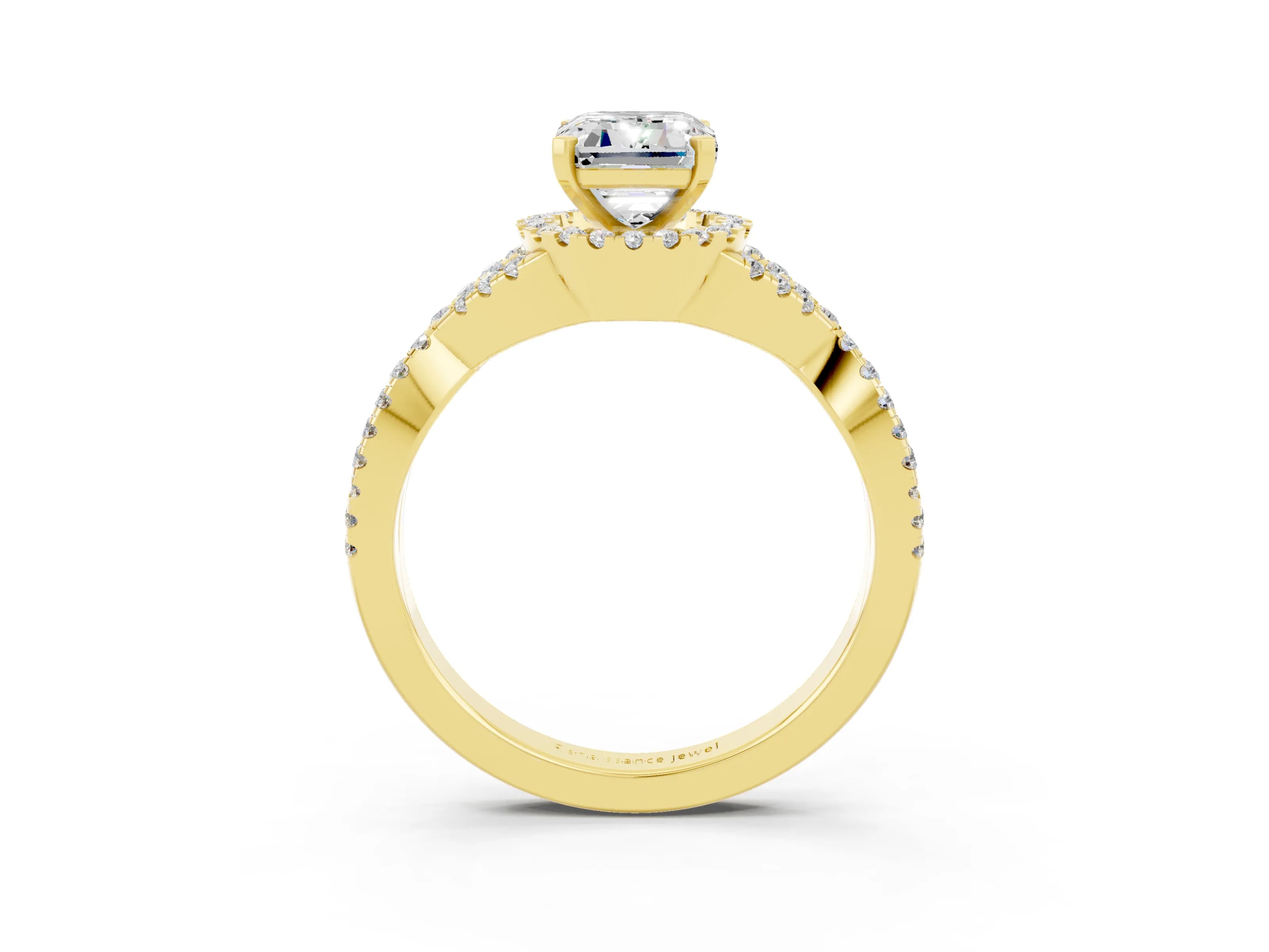 Yellow gold Emerald Cut Moissanite Halo Twist Band Solitaire Prong Setting Ring_3