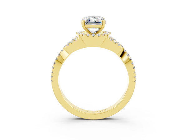 Yellow gold Emerald Cut Moissanite  Halo Twist Band Solitaire Prong Setting Ring