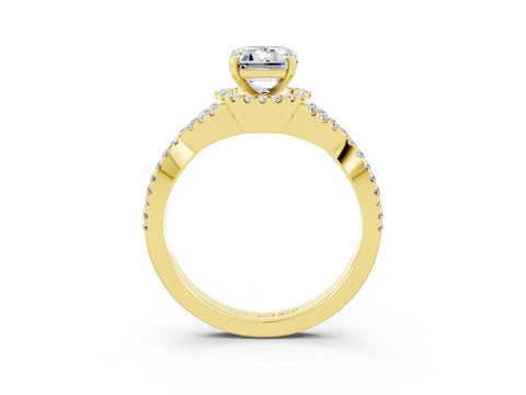 Yellow gold Emerald Cut Moissanite Halo Twist Band Solitaire Prong Setting Ring_3