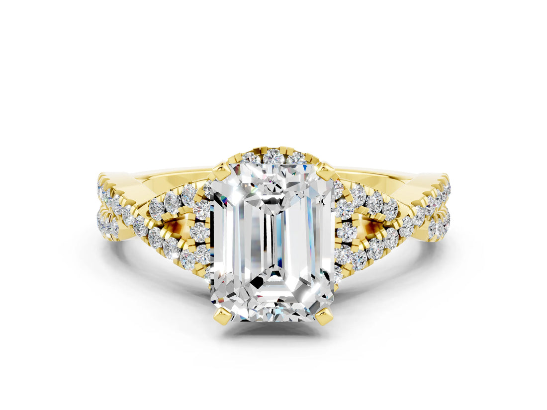 Yellow gold Emerald Cut Moissanite  Halo Twist Band Solitaire Prong Setting Ring_48
