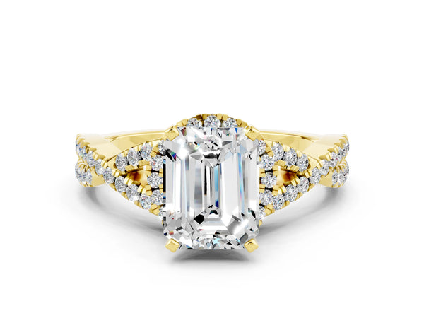 Yellow gold Emerald Cut Moissanite  Halo Twist Band Solitaire Prong Setting Ring