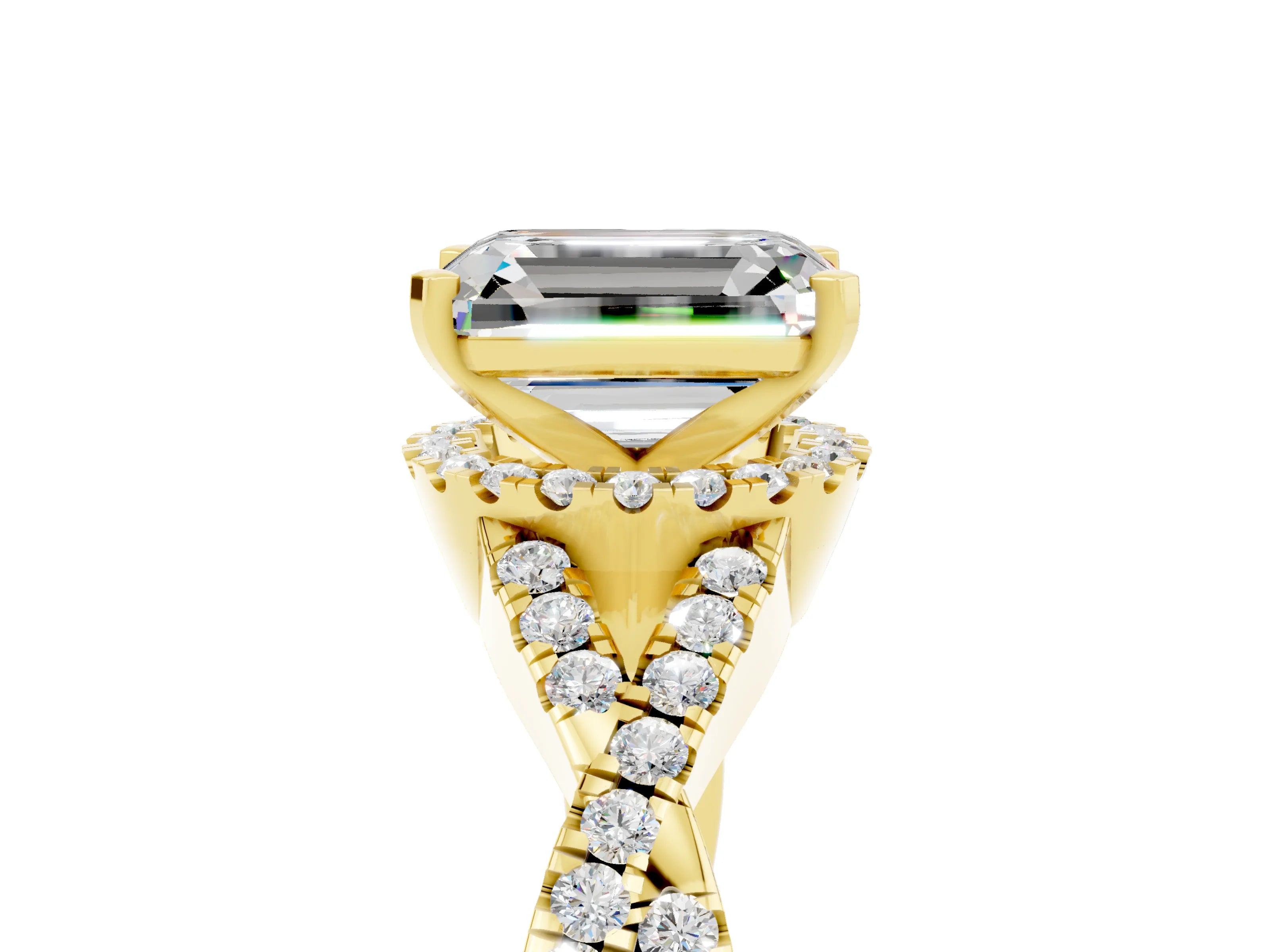 Yellow gold Emerald Cut Moissanite Halo Twist Band Solitaire Prong Setting Ring_5
