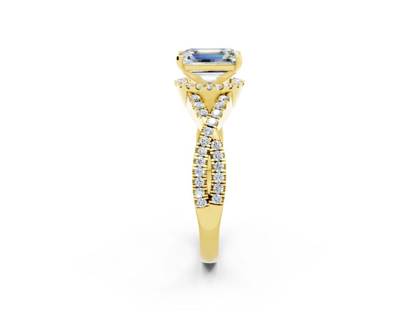 Yellow gold Emerald Cut Moissanite  Halo Twist Band Solitaire Prong Setting Ring