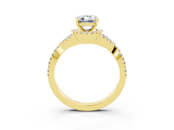 Yellow gold Emerald Cut Moissanite  Halo Twist Band Solitaire Prong Setting Ring