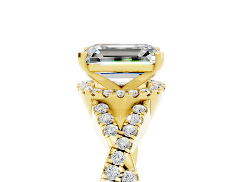 Yellow gold Emerald Cut Moissanite Halo Twist Band Solitaire Prong Setting Ring_5