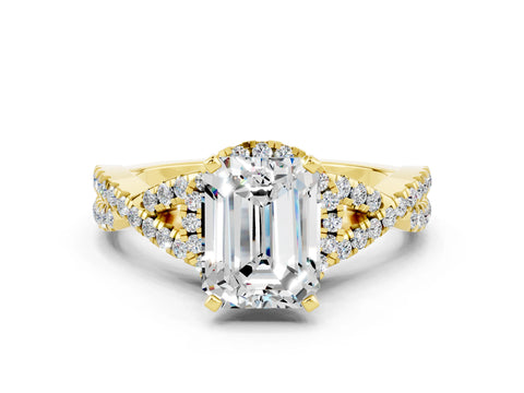 Yellow gold Emerald Cut Moissanite Halo Twist Band Solitaire Prong Setting Ring