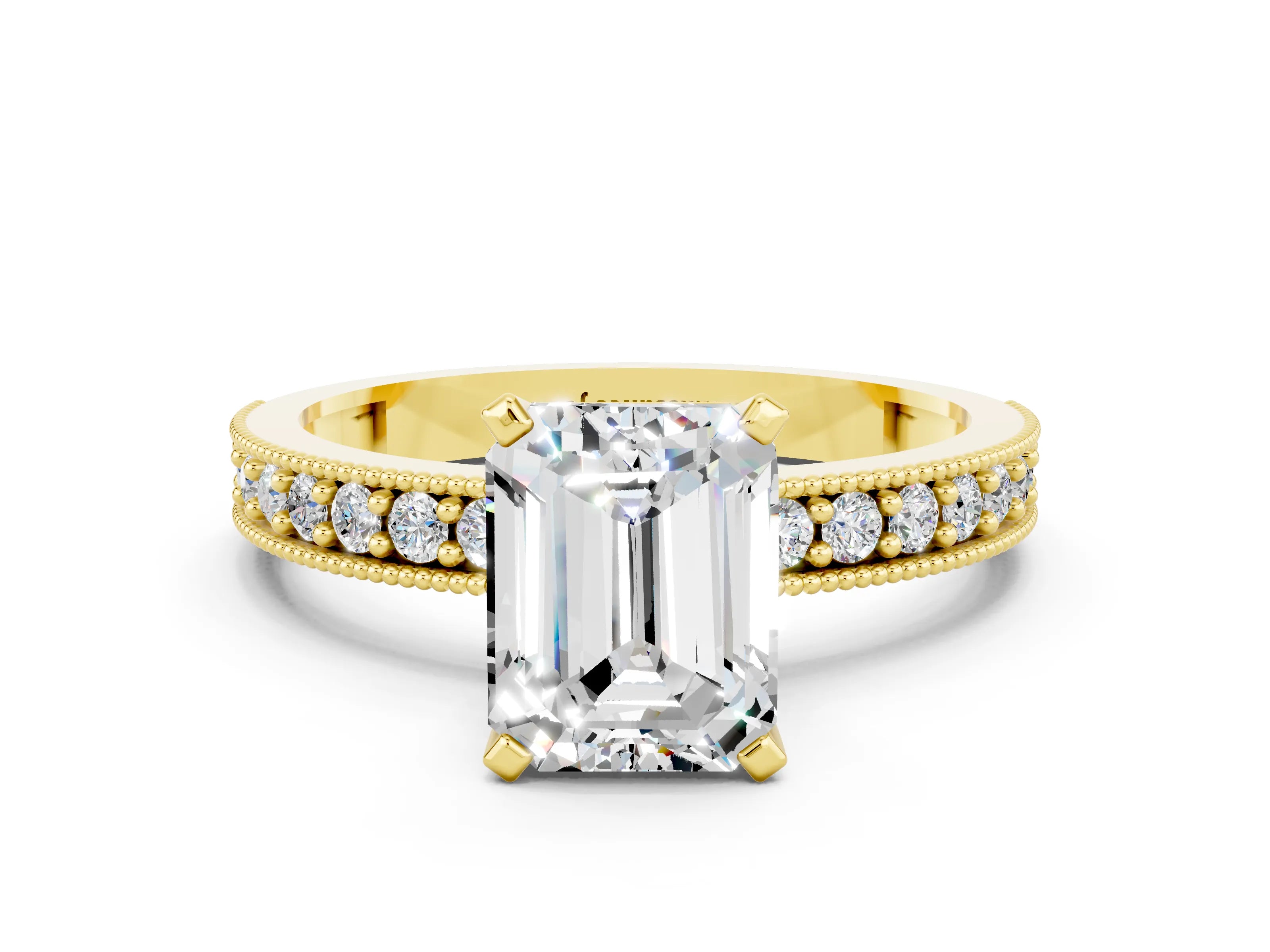 Yellow gold Emerald Cut Moissanite Milgrain Pavé Engagement Ring with Four-Prong Setting_12
