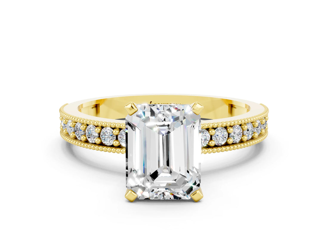 Yellow gold Emerald Cut Moissanite Milgrain Pavé Engagement Ring with Four-Prong Setting_12