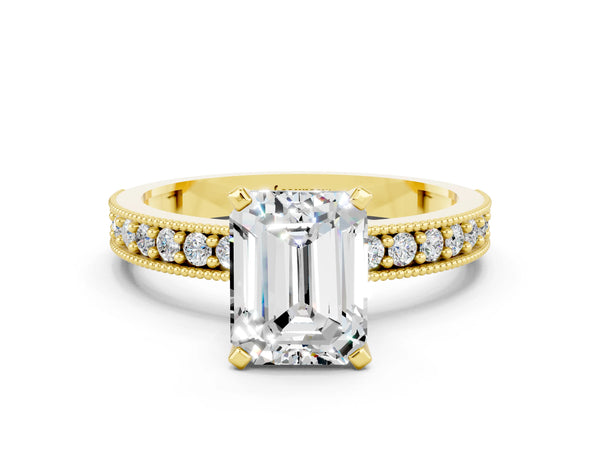 Yellow gold Emerald Cut Moissanite Milgrain Pavé Engagement Ring with Four-Prong Setting