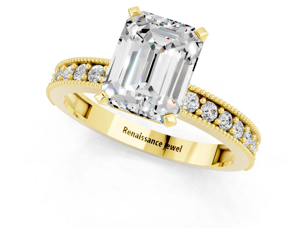 Yellow gold Emerald Cut Moissanite Milgrain Pavé Engagement Ring with Four-Prong Setting