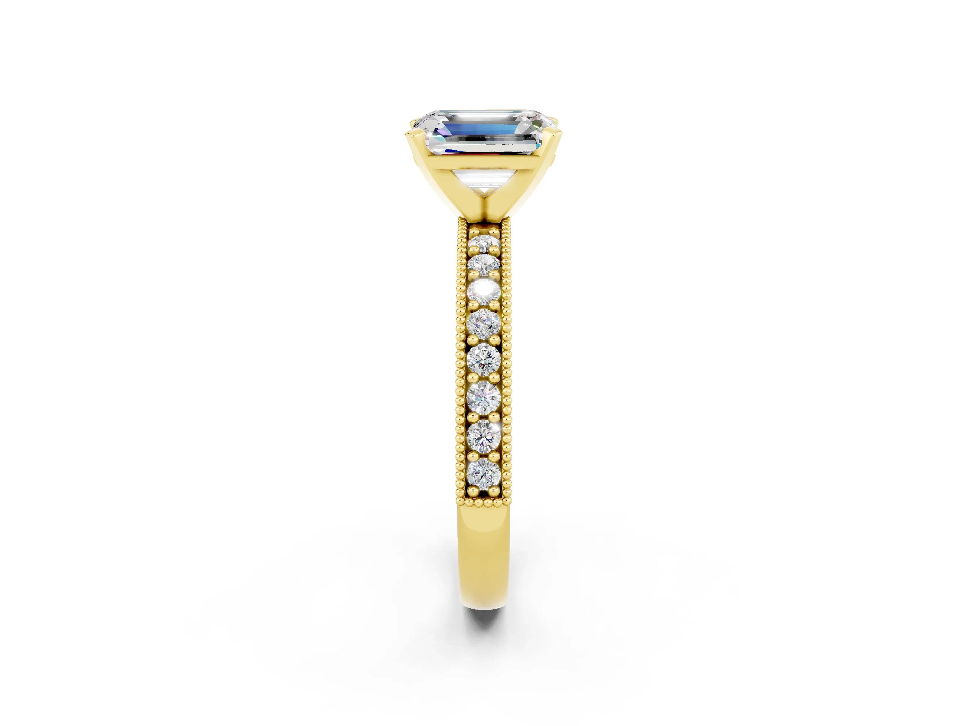 Yellow gold Emerald Cut Moissanite Milgrain Pavé Engagement Ring with Four-Prong Setting_14